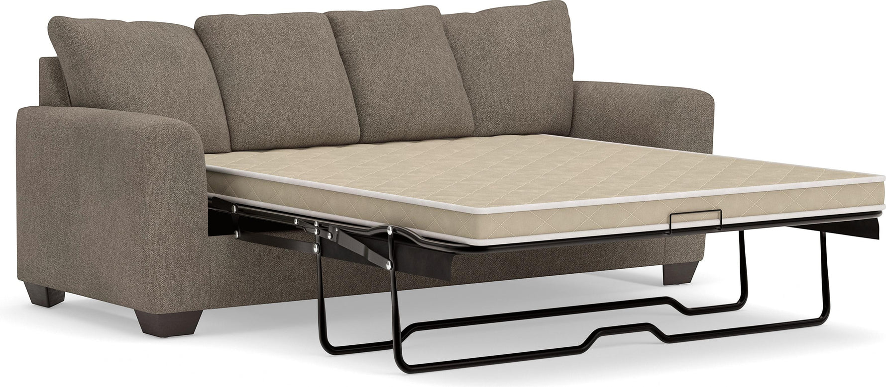 TOCO Meubles Canapé-lit Kaya gris taupe en tissu, matelas beige déplié, design contemporain.