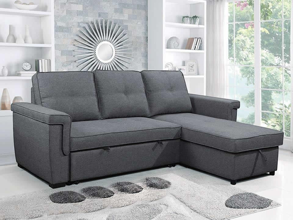 TOCO Meubles Canapé-lit Kendi gris foncé, tissu, 3 places avec méridienne et rangement intégré, design moderne.