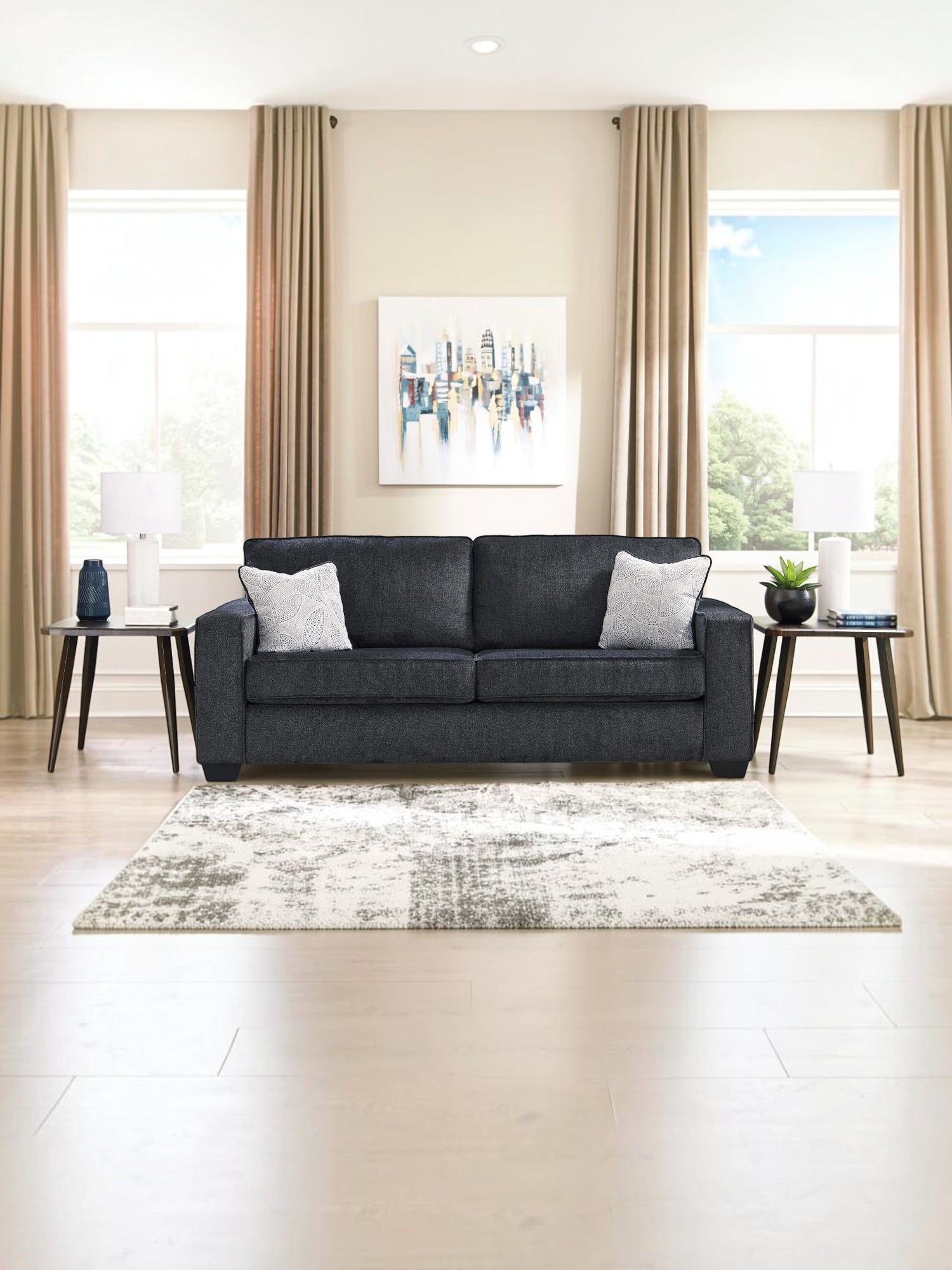 TOCO Meubles Sofa-lit Marcel gris foncé, 2 coussins décoratifs blancs et gris, design moderne.