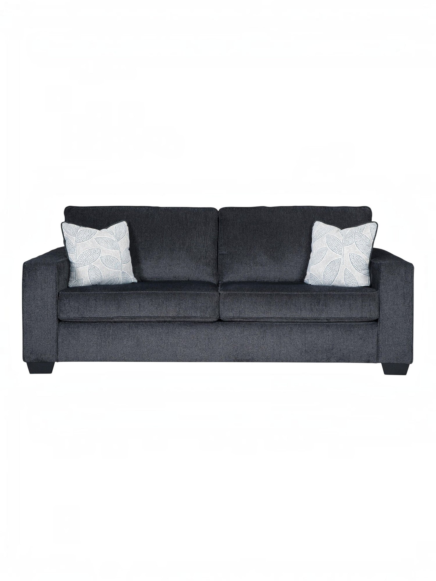TOCO Meubles Canapé-lit Marcel gris foncé avec coussins décoratifs blancs et bleus à motif feuille