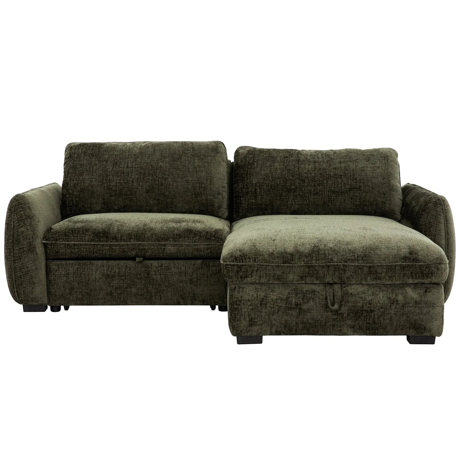 TOCO Meubles Canapé-lit Morgan sectionnel vert foncé en tissu texturé avec rangement intégré et lit escamotable.
