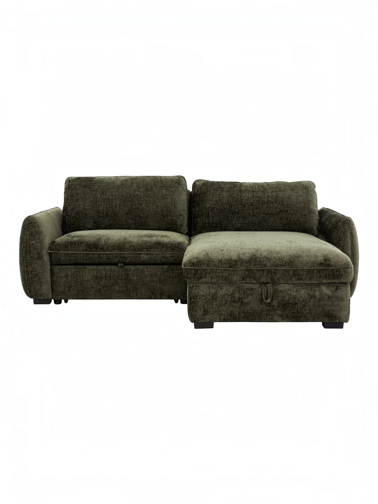TOCO Meubles Canapé-lit Morgan sectionnel vert foncé en tissu texturé avec rangement intégré et lit escamotable.