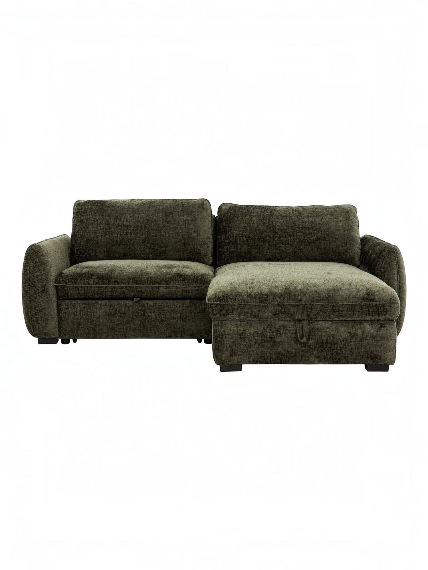 TOCO Meubles Canapé-lit Morgan sectionnel vert foncé en tissu texturé avec rangement intégré et lit escamotable.