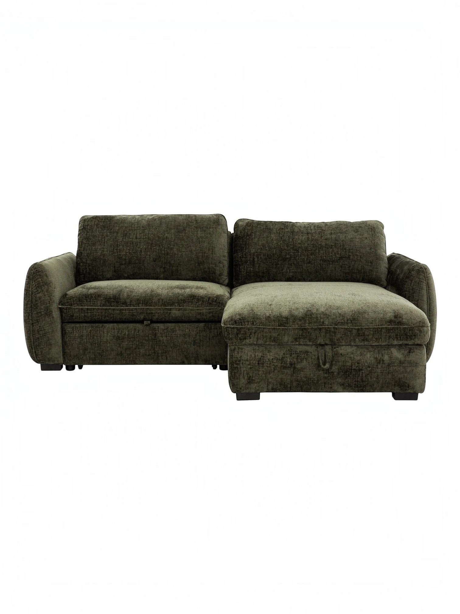 TOCO Meubles Canapé-lit Morgan sectionnel vert foncé en tissu texturé avec rangement intégré et lit escamotable.