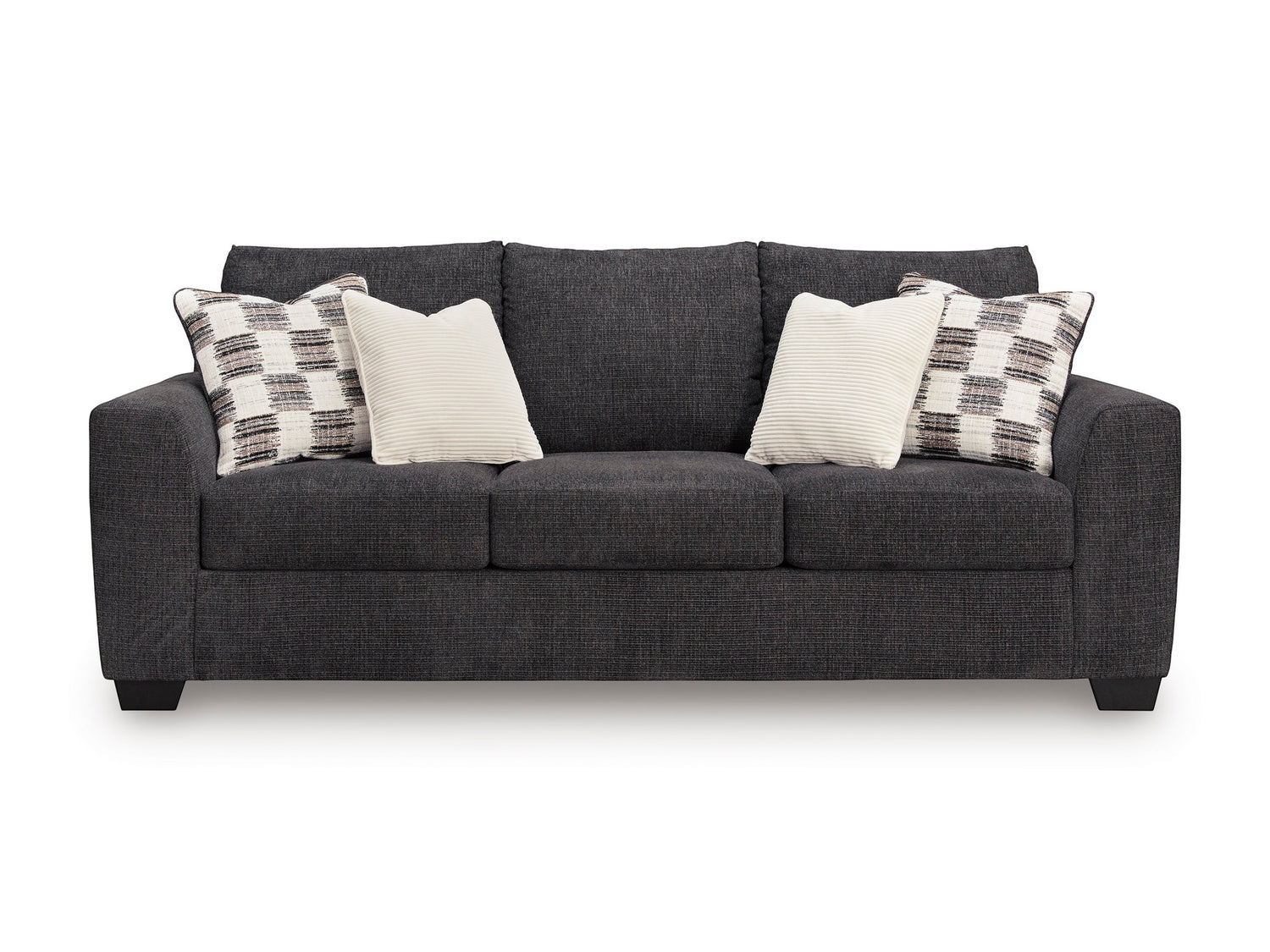 Canapé-lit Muna TOCO Meubles anthracite en tissu, avec 4 coussins décoratifs, design moderne et confortable.