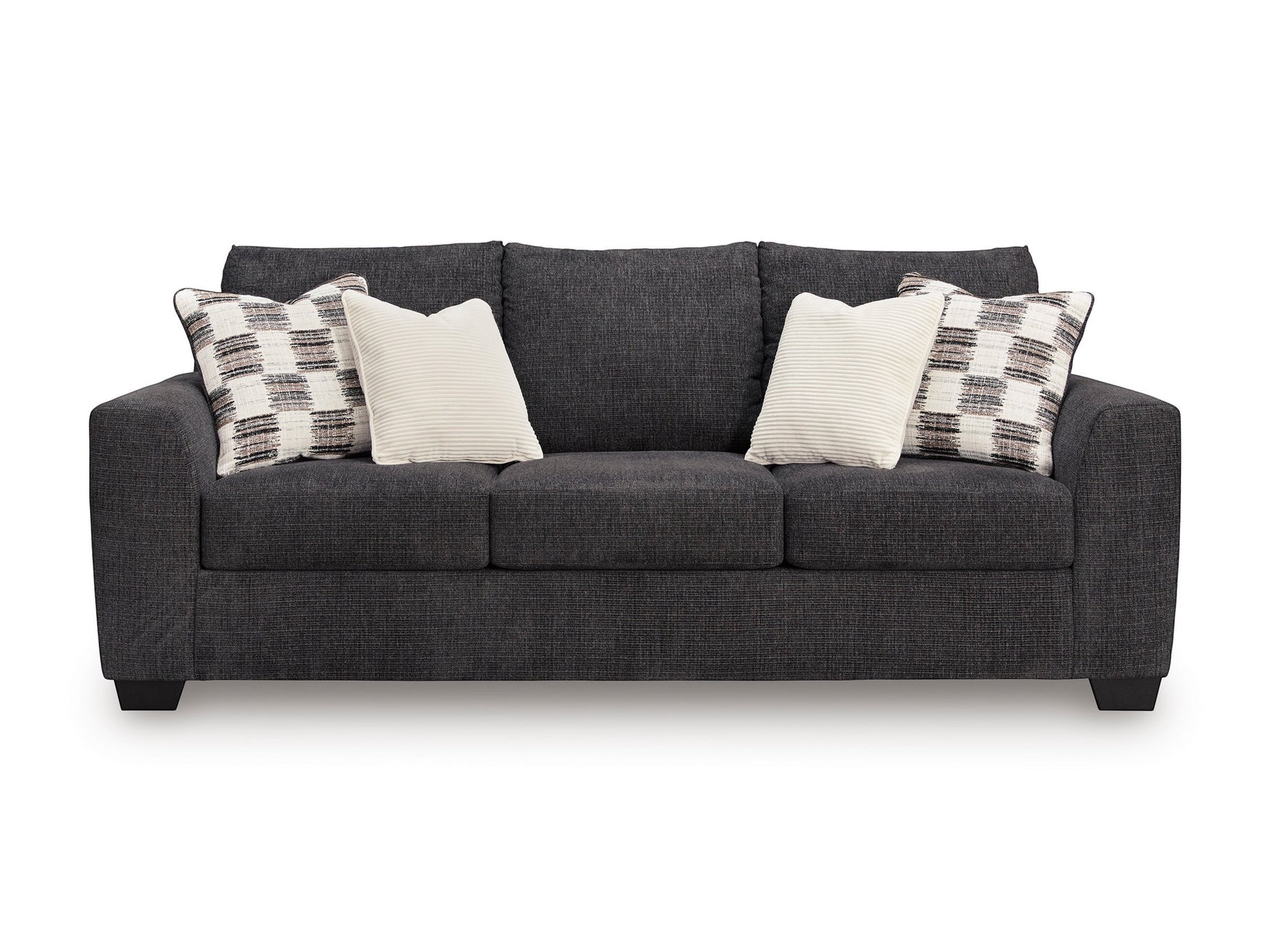 Canapé-lit Muna TOCO Meubles anthracite en tissu, avec 4 coussins décoratifs, design moderne et confortable.