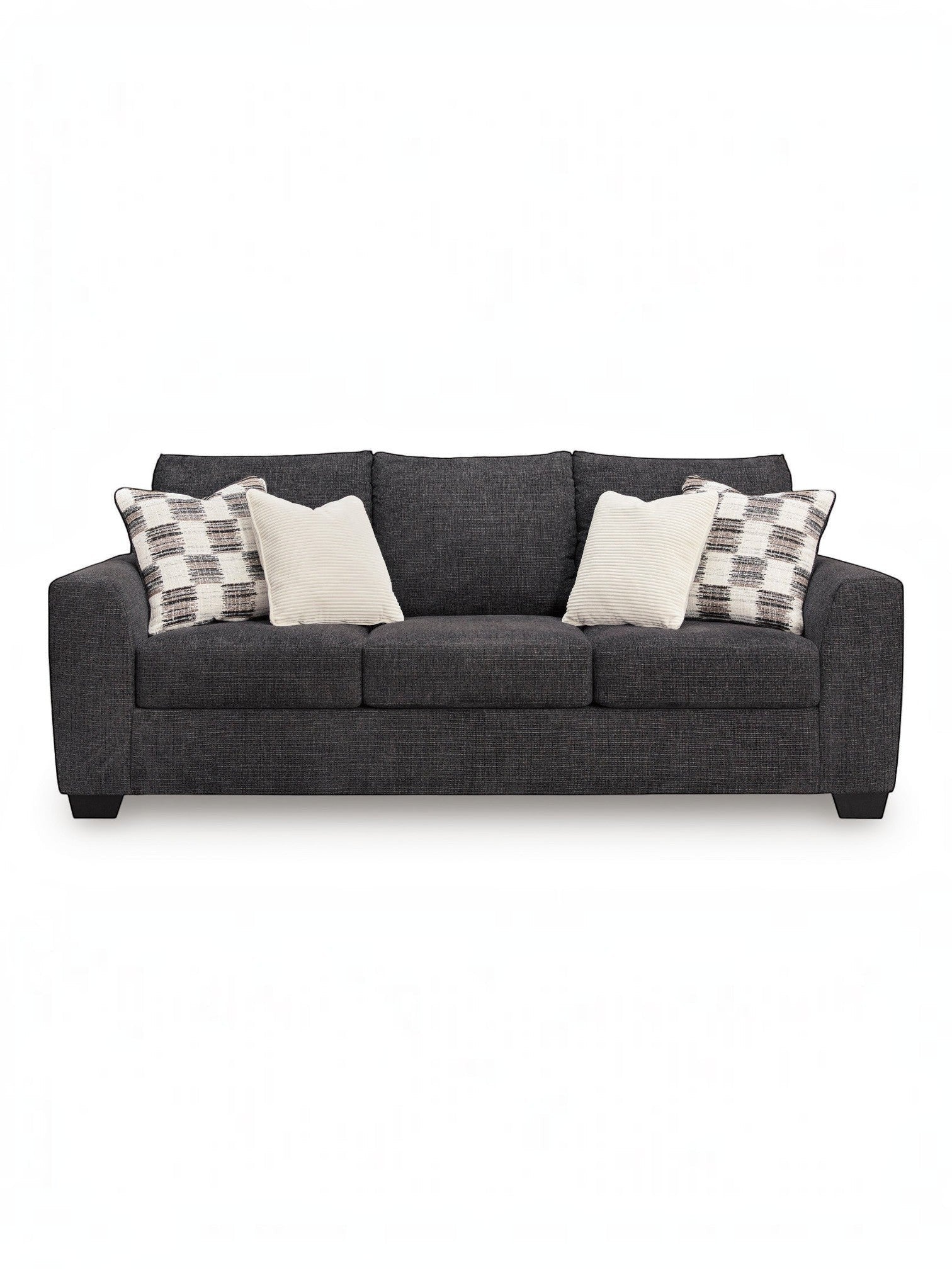 Canapé-lit Muna TOCO Meubles anthracite en tissu, avec 4 coussins décoratifs, design moderne et confortable.