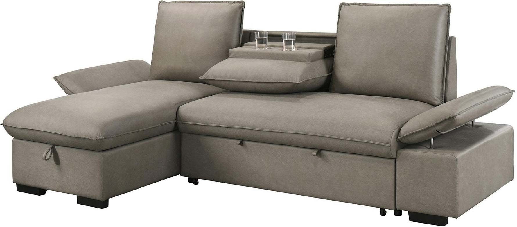 TOCO Meubles Canapé-lit Nia gris en tissu avec accoudoirs relevables et rangement intégré, idéal pour salon moderne.