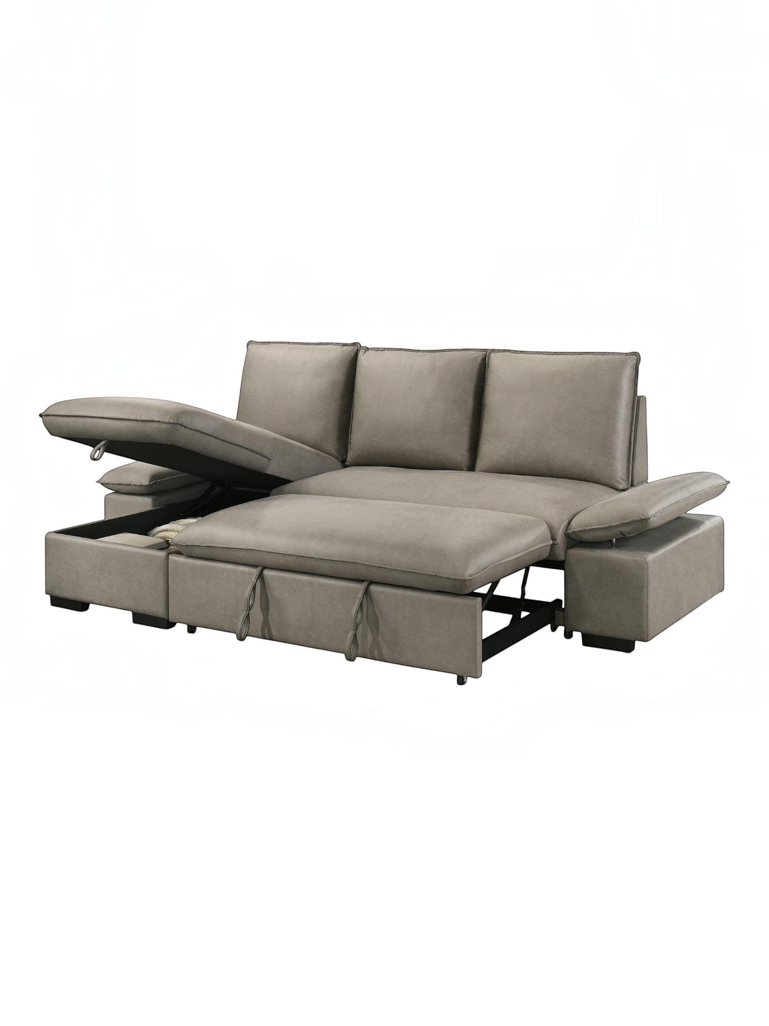 TOCO Meubles - Canapé-lit Nia gris taupe en tissu avec coffre de rangement intégré et méridienne relevable.