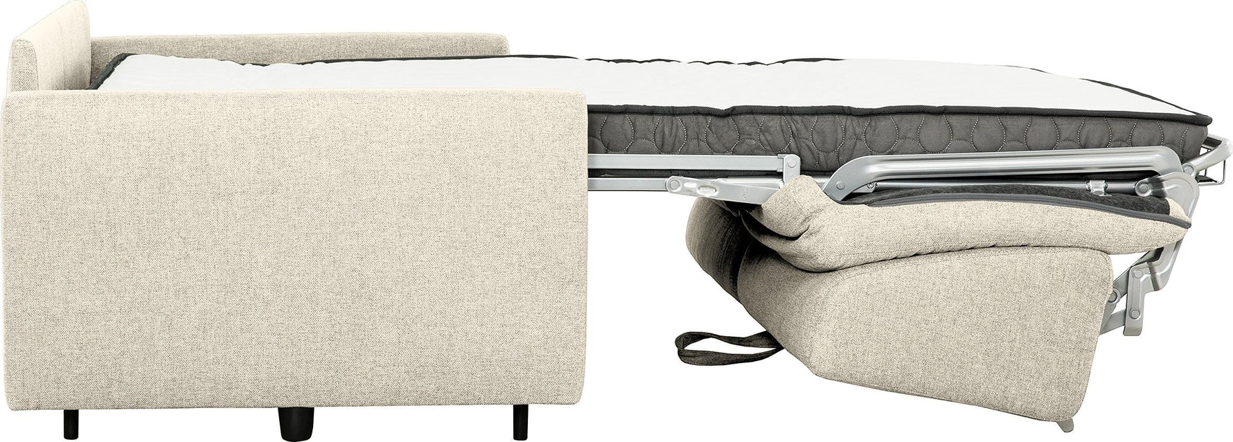 TOCO Meubles - Canapé-lit Omari beige en tissu, mécanisme déplié montrant le matelas.