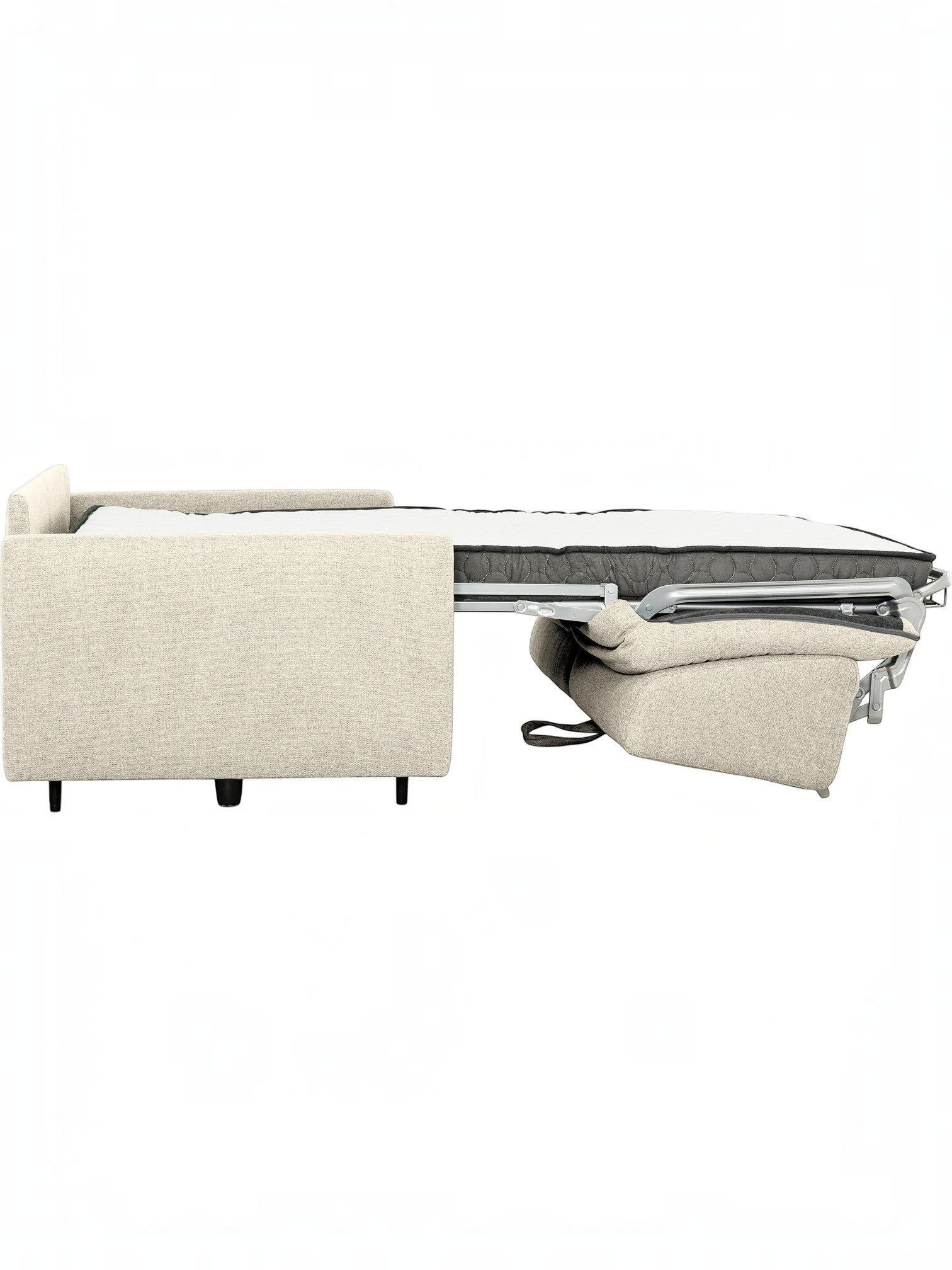 TOCO Meubles - Canapé-lit Omari beige en tissu, mécanisme déplié montrant le matelas.