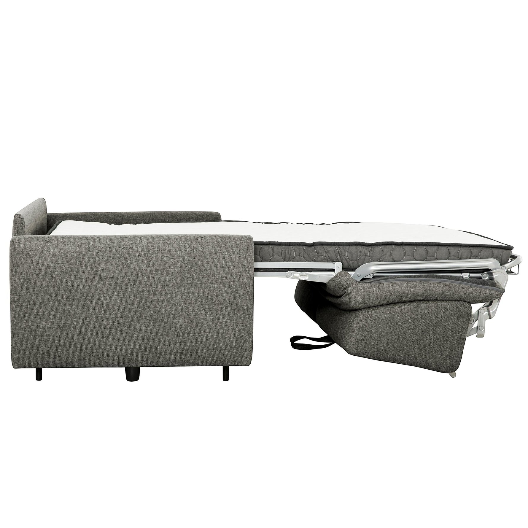TOCO Meubles Canapé-lit Omari gris en tissu, convertible en lit avec matelas visible.