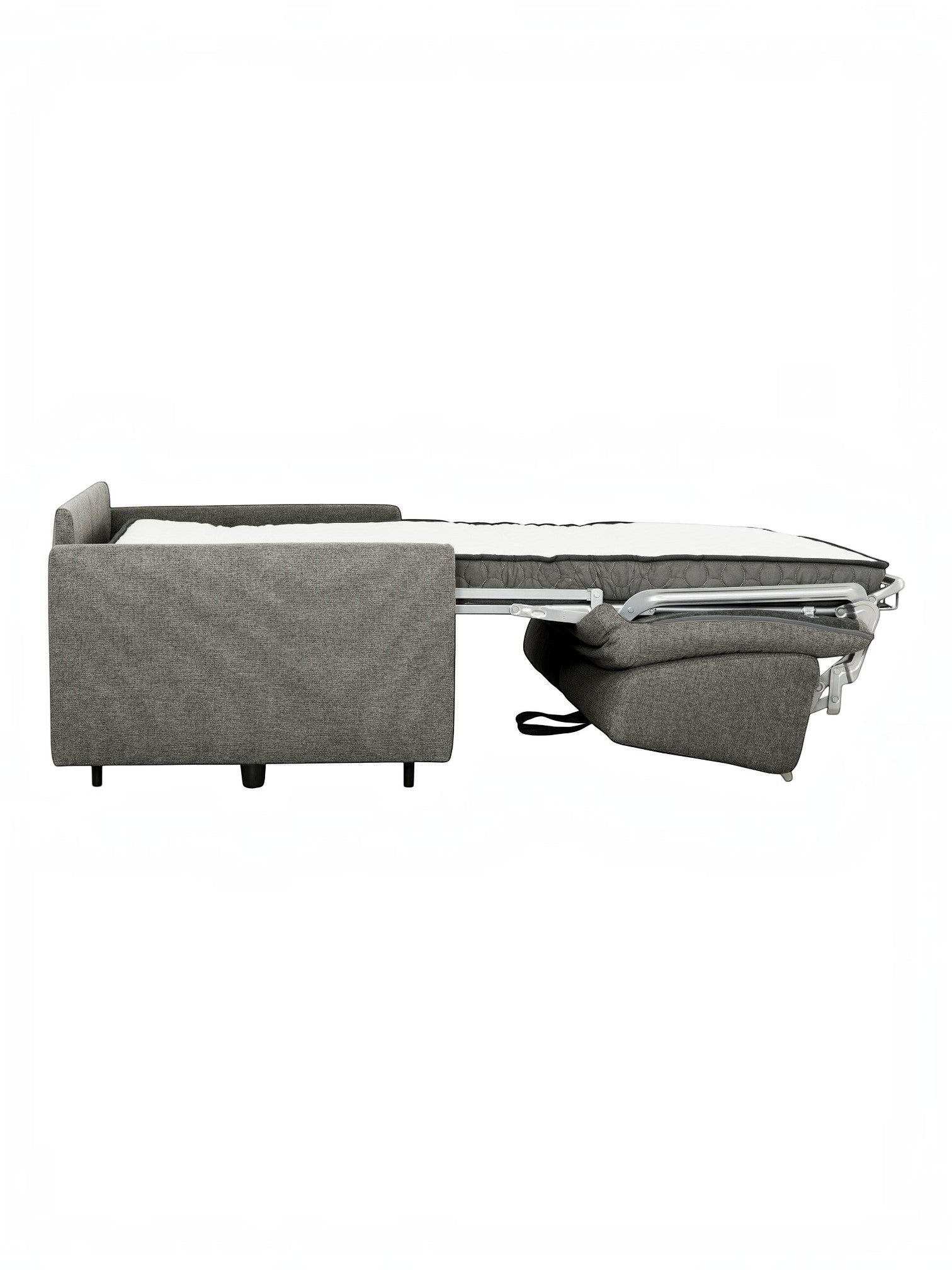 TOCO Meubles Canapé-lit Omari gris en tissu, convertible en lit avec matelas visible.