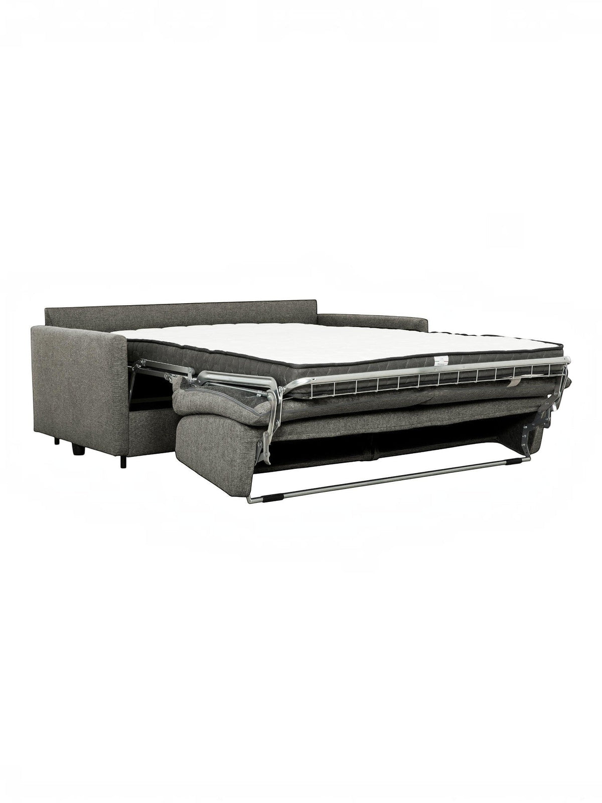 TOCO Meubles Canapé-lit Omari gris en tissu, convertible en lit avec matelas blanc.