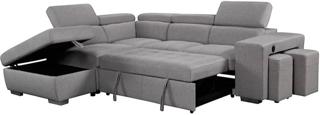 TOCO Meubles Canapé-lit Pratiquo gris en tissu avec rangement intégré et poufs amovibles, idéal pour salon et chambre d'amis.