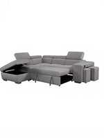 TOCO Meubles Canapé-lit Pratiquo gris en tissu avec rangement intégré et poufs amovibles, idéal pour salon et chambre d'amis.