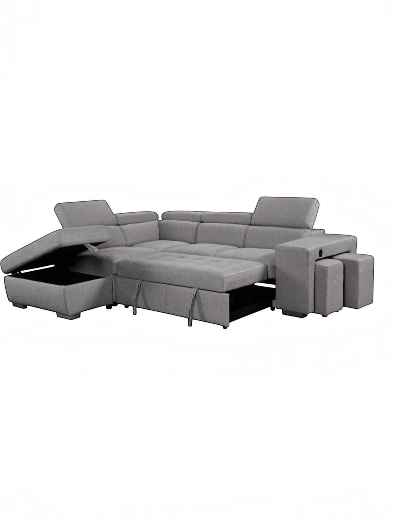 TOCO Meubles Canapé-lit Pratiquo gris en tissu avec rangement intégré et poufs amovibles, idéal pour salon et chambre d'amis.