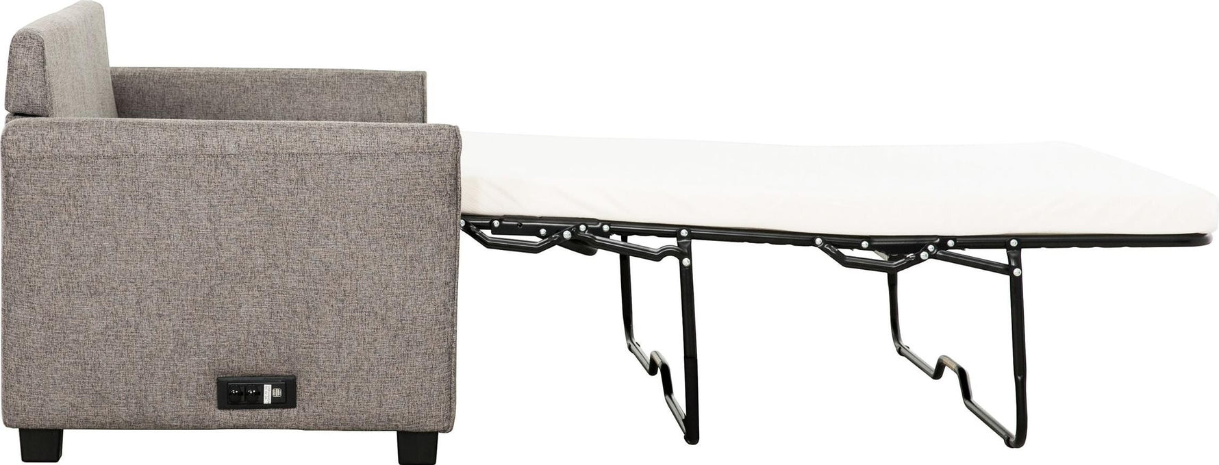 TOCO Meubles Canapé-lit Sana gris chiné en tissu, convertible en lit avec matelas blanc et structure métallique noire.