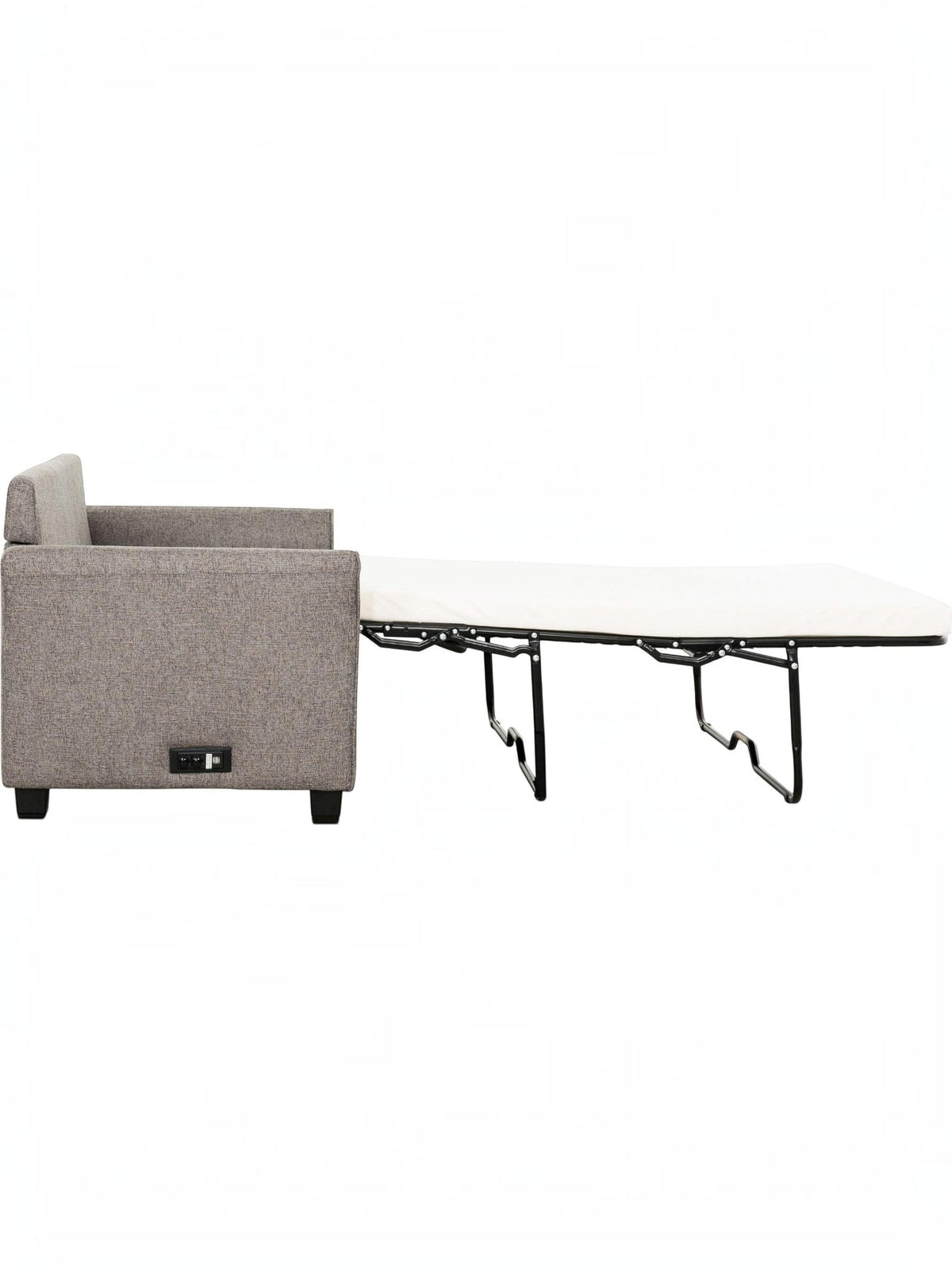 TOCO Meubles Canapé-lit Sana gris chiné en tissu, convertible en lit avec matelas blanc et structure métallique noire.