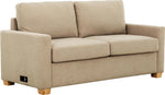 Canapé-lit sectionnel Zola TOCO Meubles beige en tissu, avec prises intégrées et pieds en bois clair.