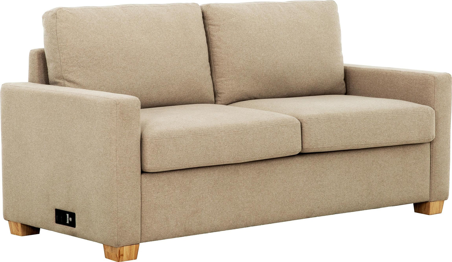 Canapé-lit sectionnel Zola TOCO Meubles beige en tissu, avec prises intégrées et pieds en bois clair.