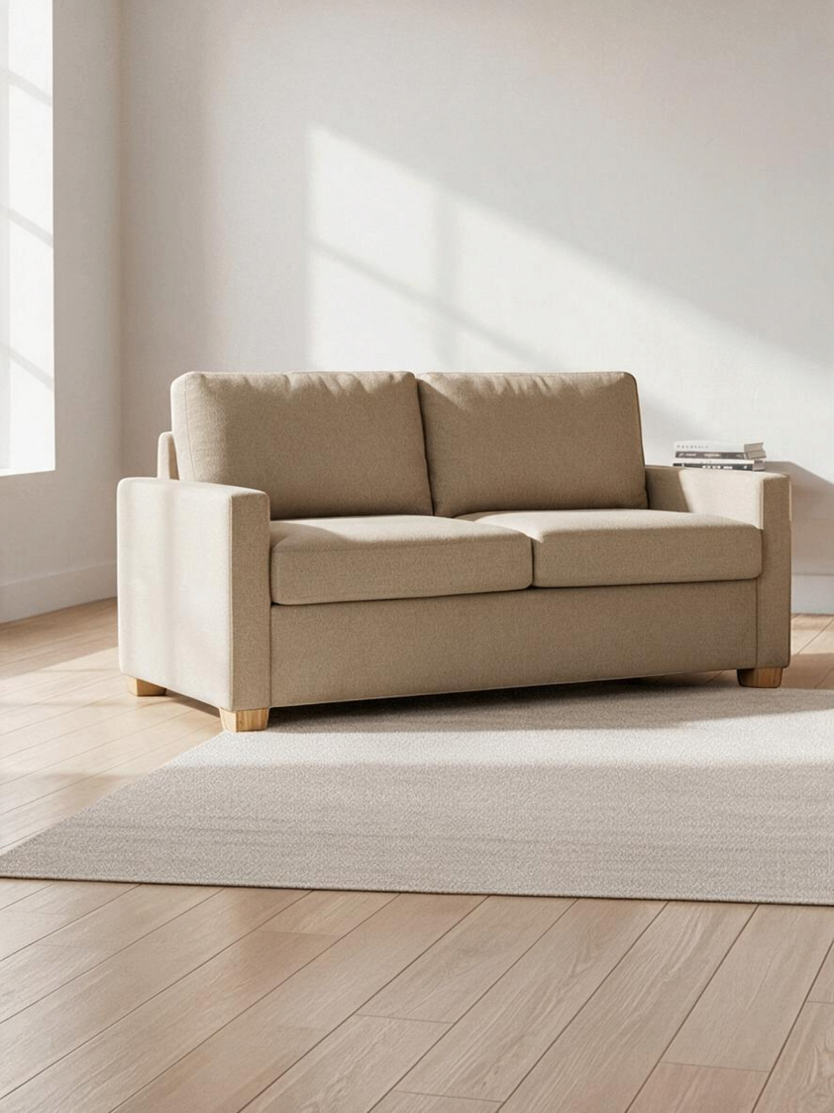 Sofa-lit sectionnel Zola de TOCO Meubles en tissu beige avec pieds en bois clair dans un salon lumineux