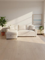 Canapé-lit sectionnel beige TOCO Meubles avec méridienne de rangement réversible et deux coussins décoratifs
