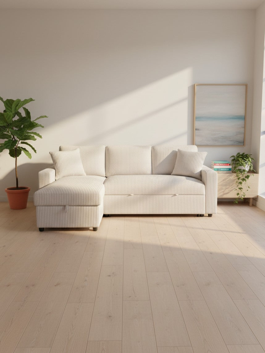 Canapé-lit sectionnel beige TOCO Meubles avec méridienne de rangement réversible et deux coussins décoratifs