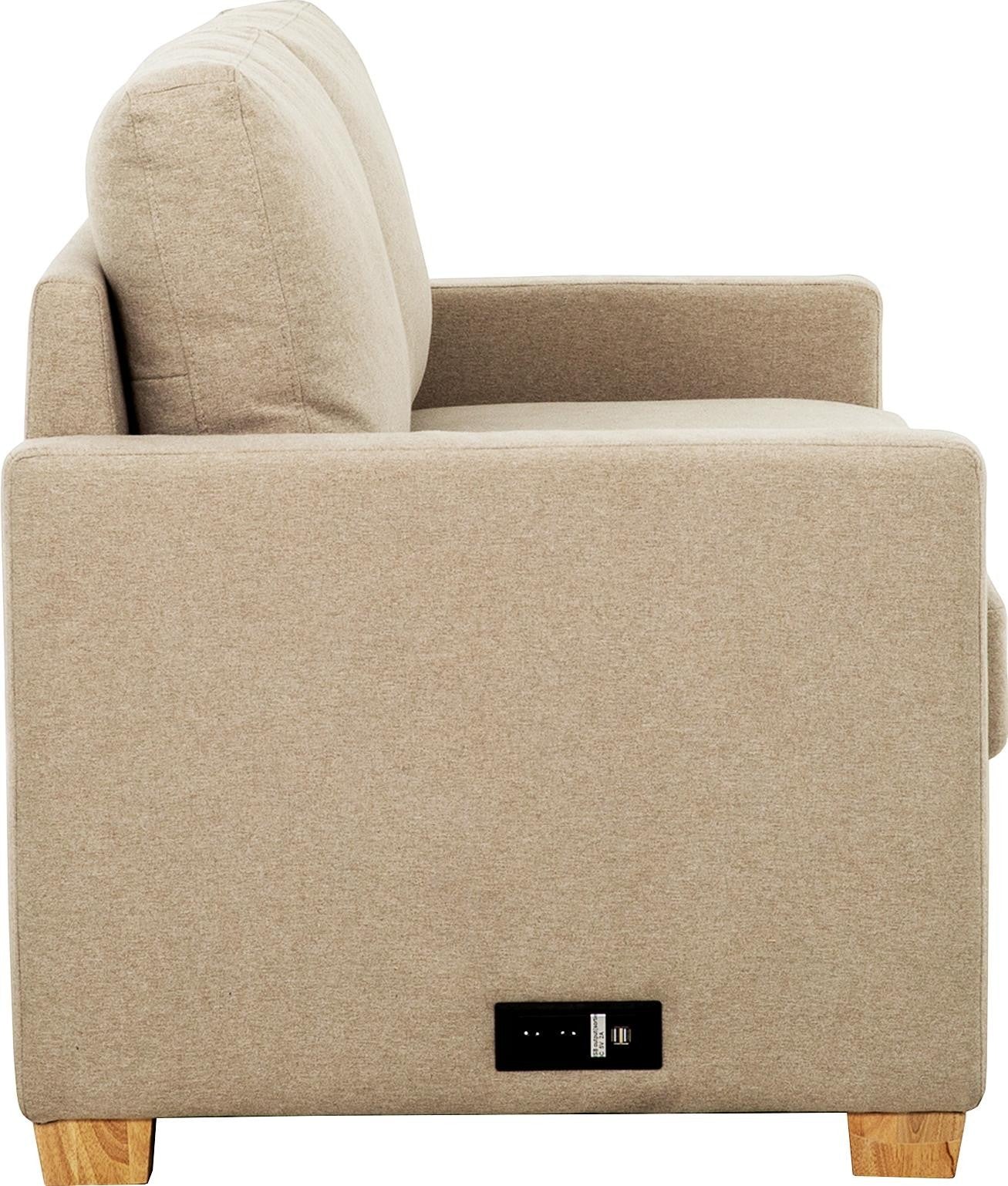 TOCO Meubles Canapé-lit sectionnel Zola beige en tissu avec ports USB intégrés et pieds en bois. Design moderne et fonctionnel.