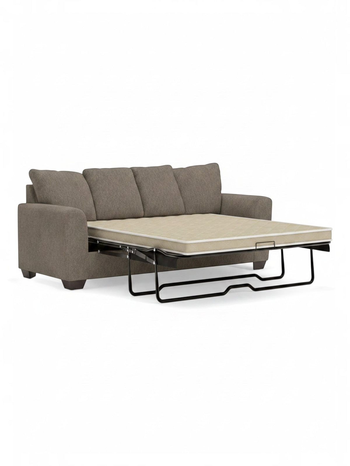 Canapé-lit convertible TOCO Meubles Kaya en tissu taupe texturé avec matelas déplié, design moderne et confortable.