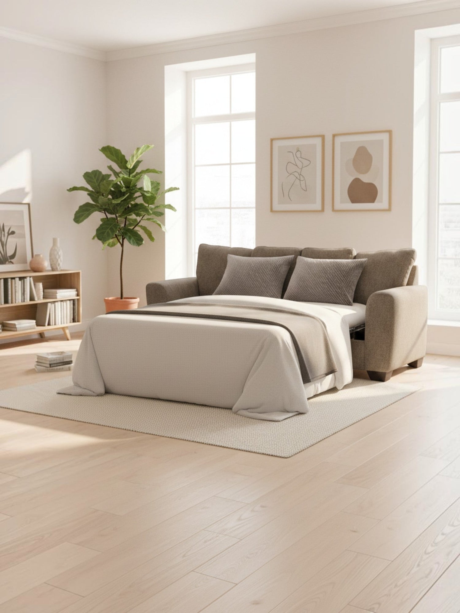 Canapé-lit convertible TOCO Meubles Kaya en tissu taupe texturé, déplié en lit dans un salon lumineux et moderne.