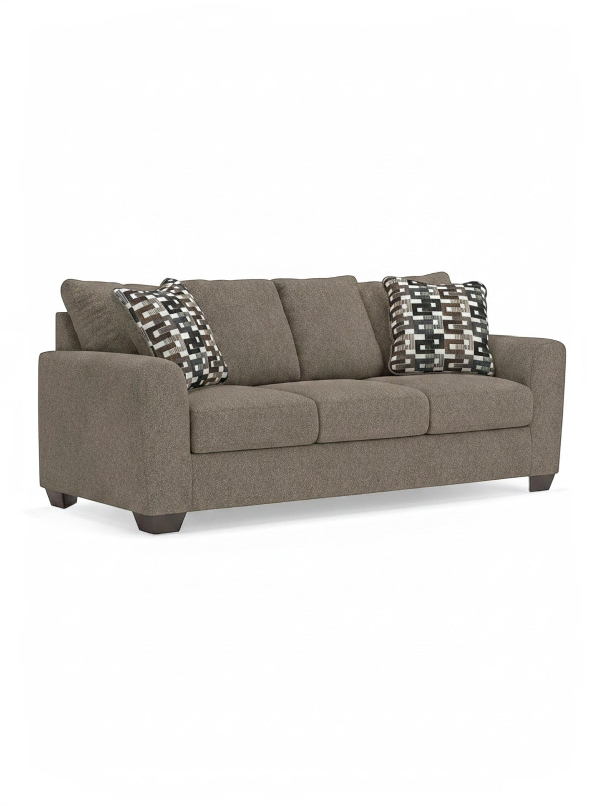Canapé-lit TOCO Meubles Kaya en tissu taupe texturé avec coussins décoratifs à motifs géométriques