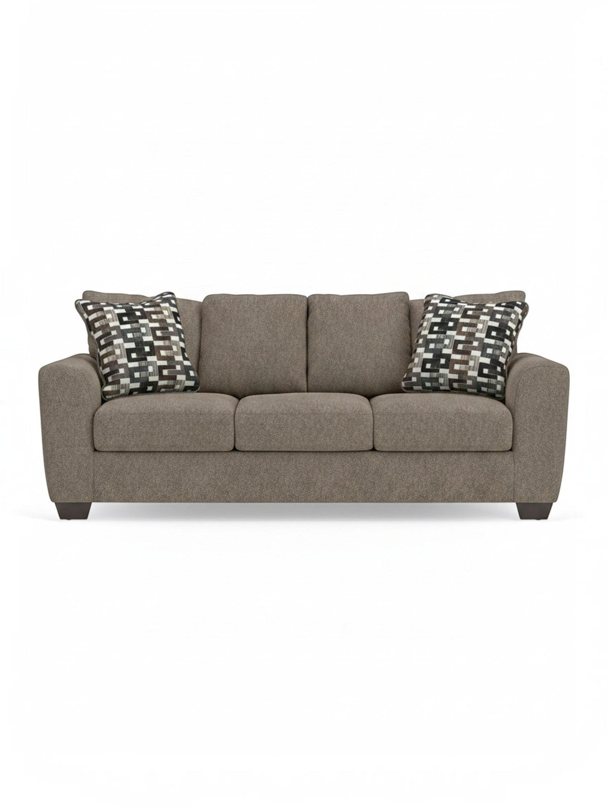 Canapé-lit TOCO Meubles Kaya en tissu taupe texturé avec coussins décoratifs à motifs géométriques