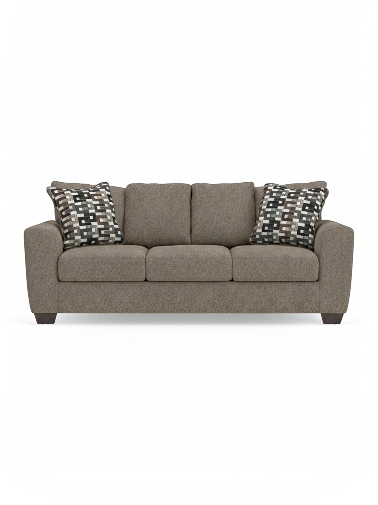 Canapé-lit TOCO Meubles Kaya en tissu taupe texturé avec coussins décoratifs à motifs géométriques