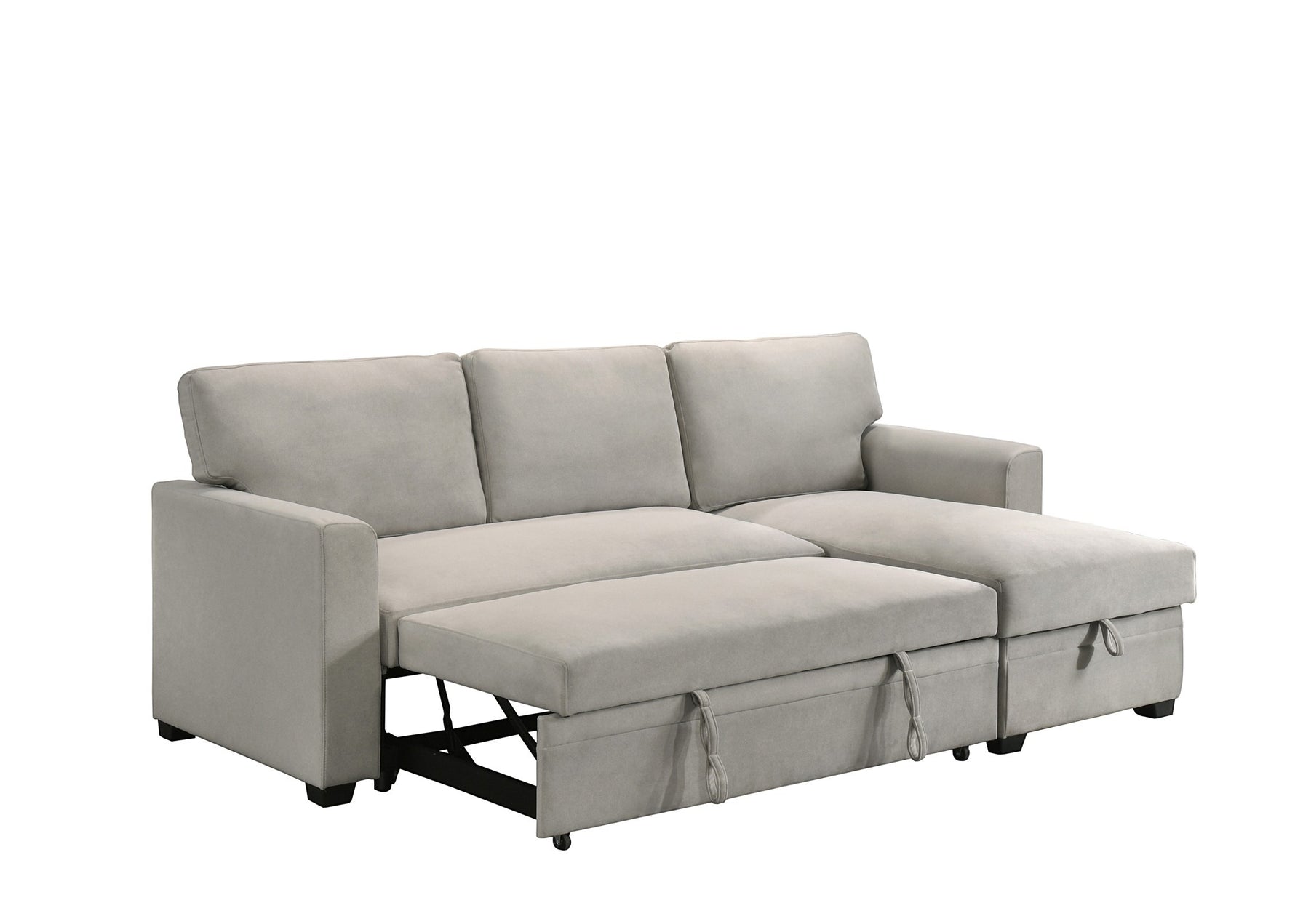 TOCO Meubles Canapé-lit Teni gris clair en tissu, avec méridienne et rangement intégré, idéal pour salon.