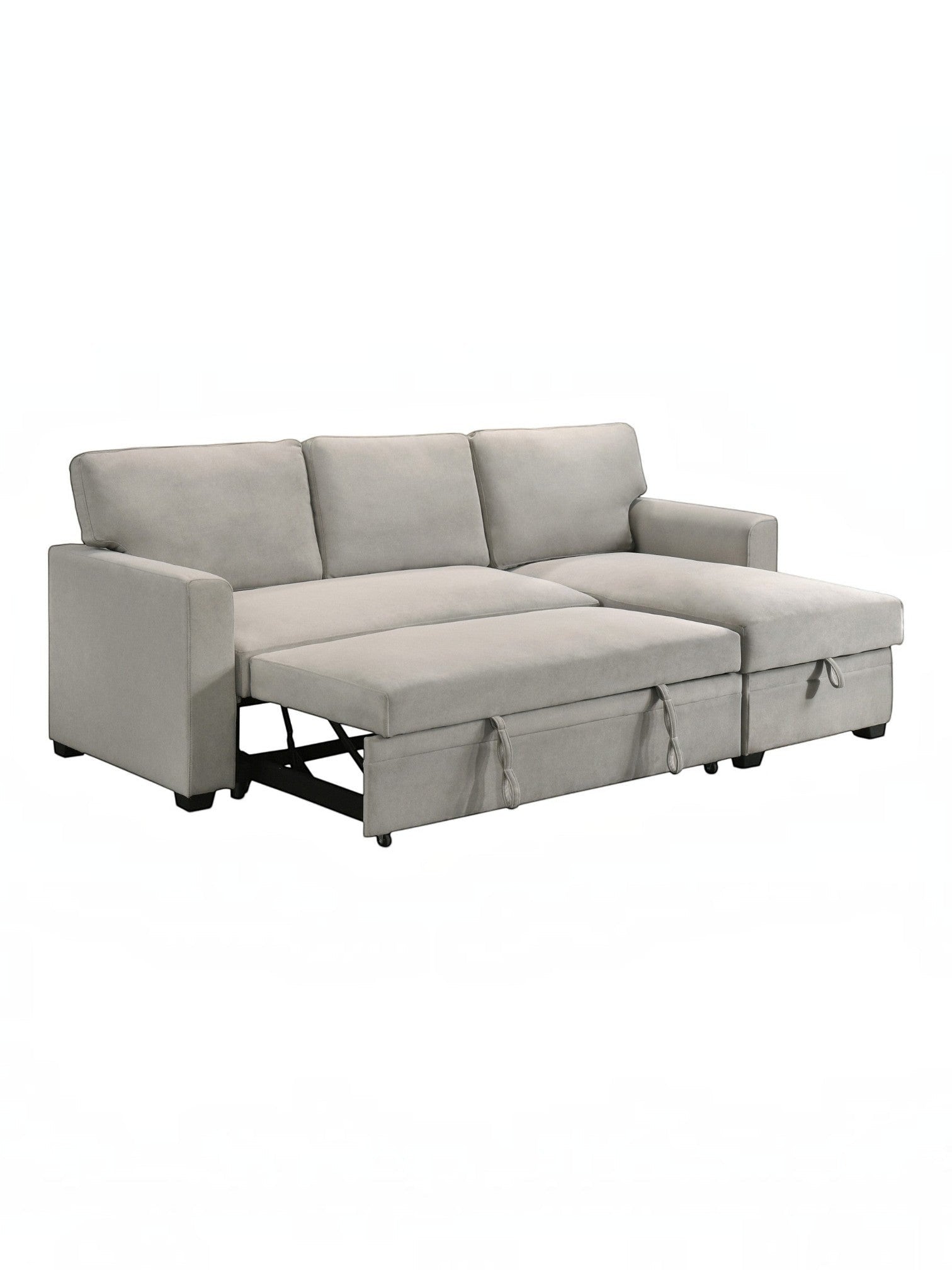 TOCO Meubles Canapé-lit Teni gris clair en tissu, avec méridienne et rangement intégré, idéal pour salon.