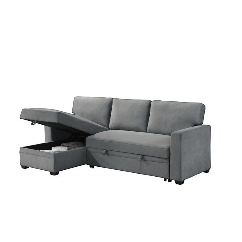 TOCO Meubles Canapé-lit Teni gris en tissu avec coffre de rangement intégré et méridienne relevable.