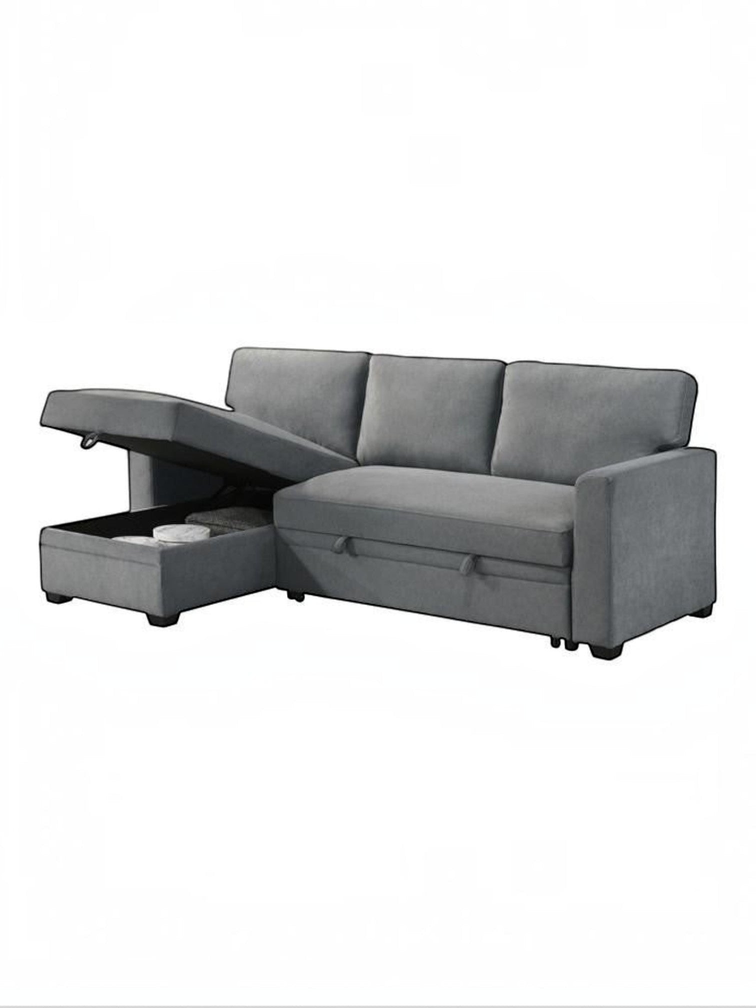 TOCO Meubles Canapé-lit Teni gris en tissu avec coffre de rangement intégré et méridienne relevable.