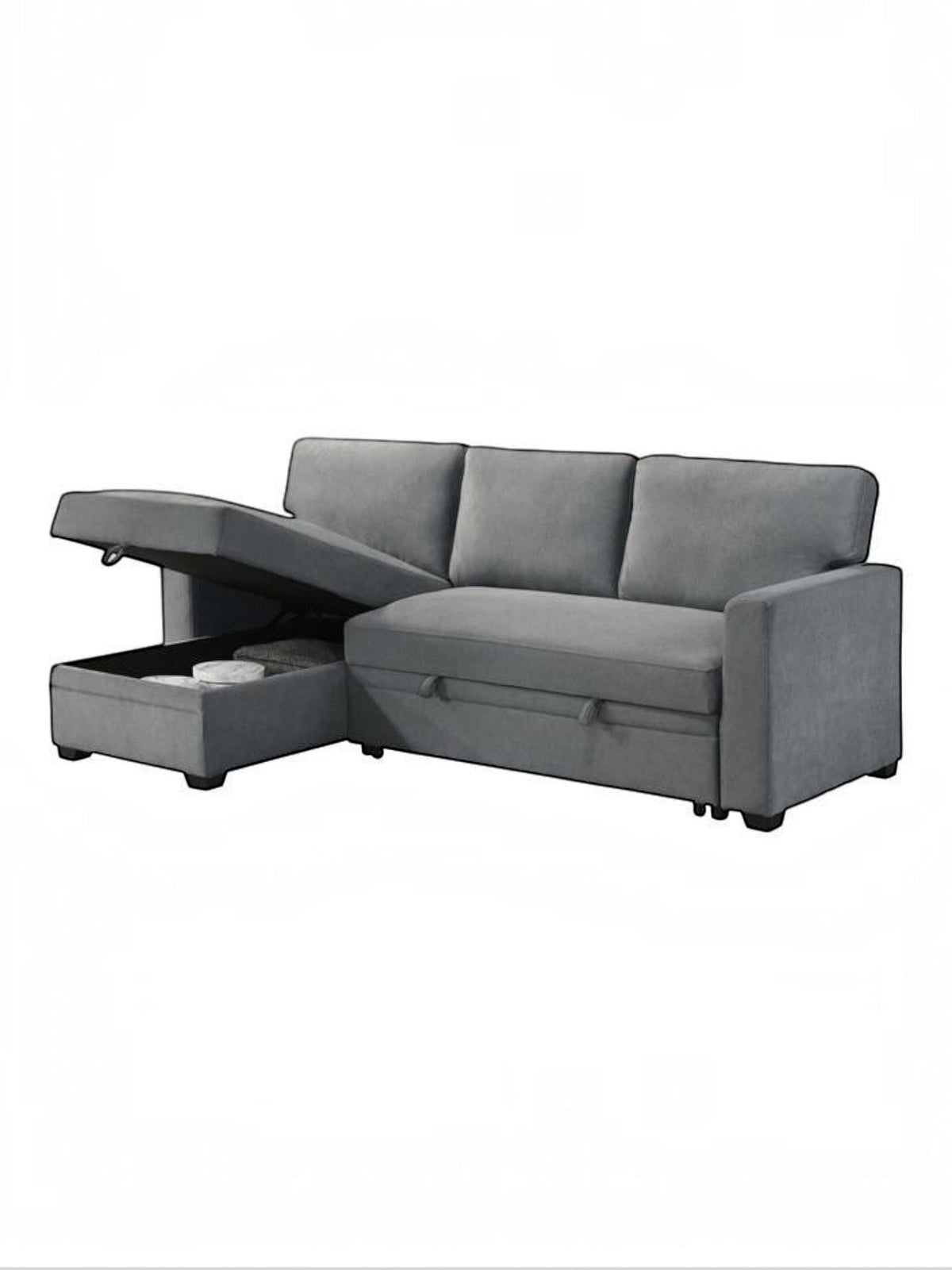 TOCO Meubles Canapé-lit Teni gris en tissu avec coffre de rangement intégré et méridienne relevable.