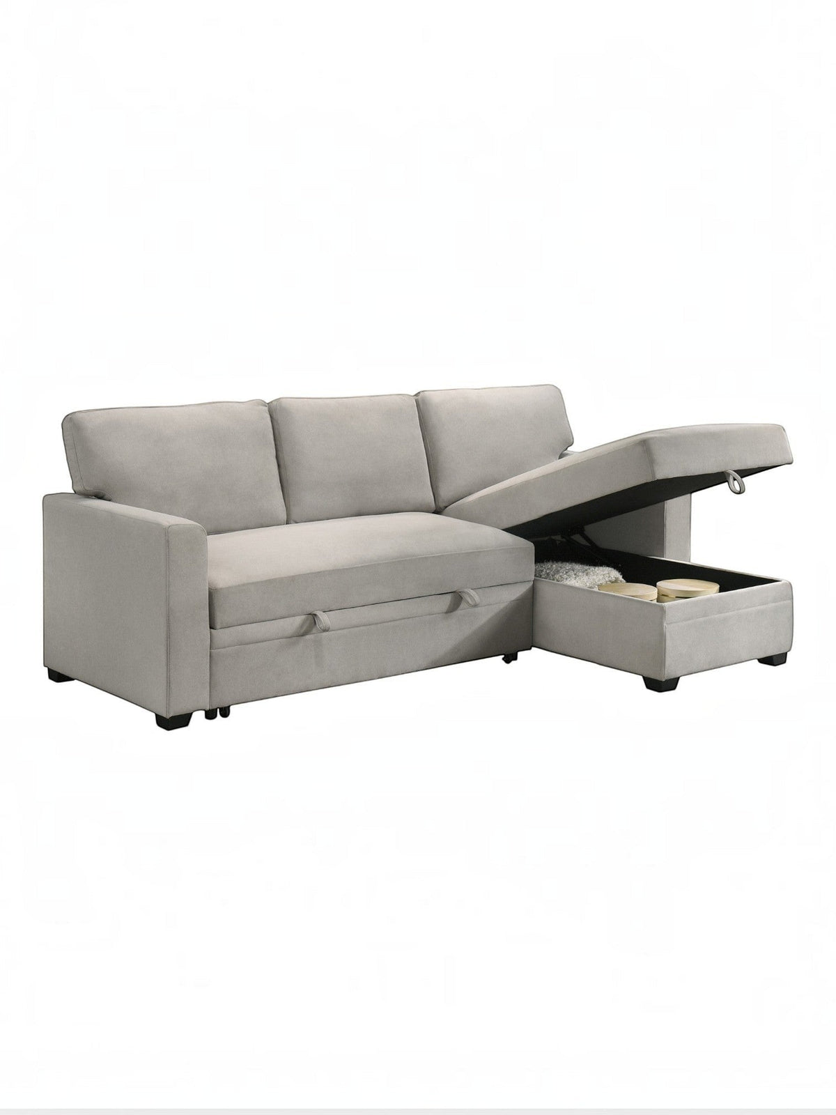 TOCO Meubles Canapé-lit Teni gris clair en tissu avec rangement intégré sous l'assise et la méridienne.