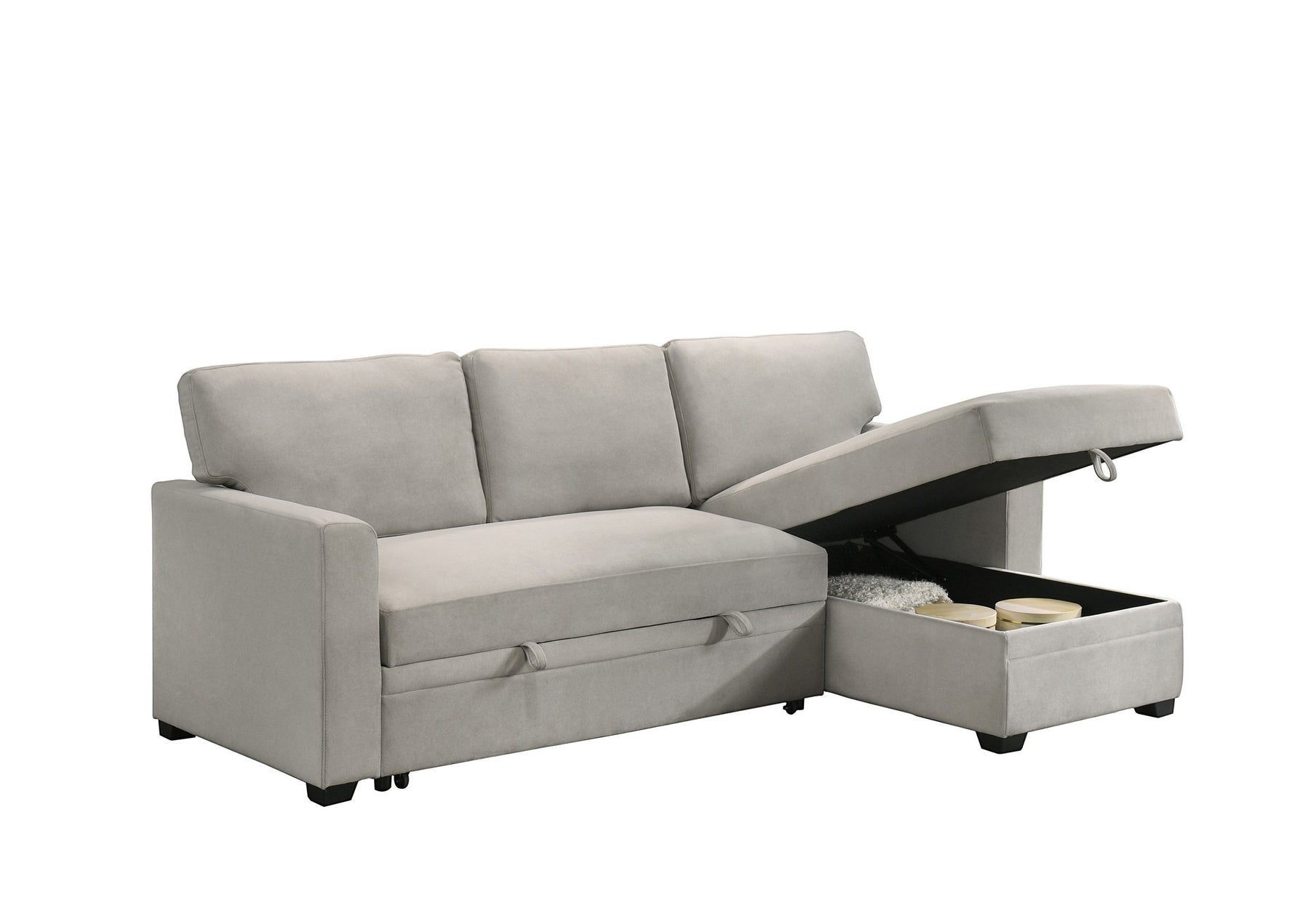 TOCO Meubles Canapé-lit Teni gris clair en tissu avec rangement intégré sous l'assise et la méridienne.