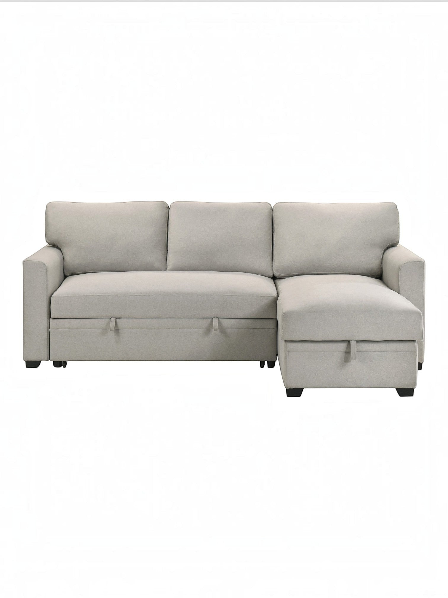 TOCO Meubles Canapé-lit Teni gris clair en tissu, avec rangement intégré sous l'assise et la méridienne.