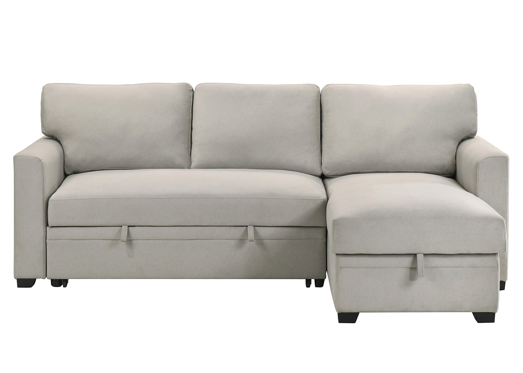 TOCO Meubles Canapé-lit Teni gris clair en tissu, avec rangement intégré sous l'assise et la méridienne.