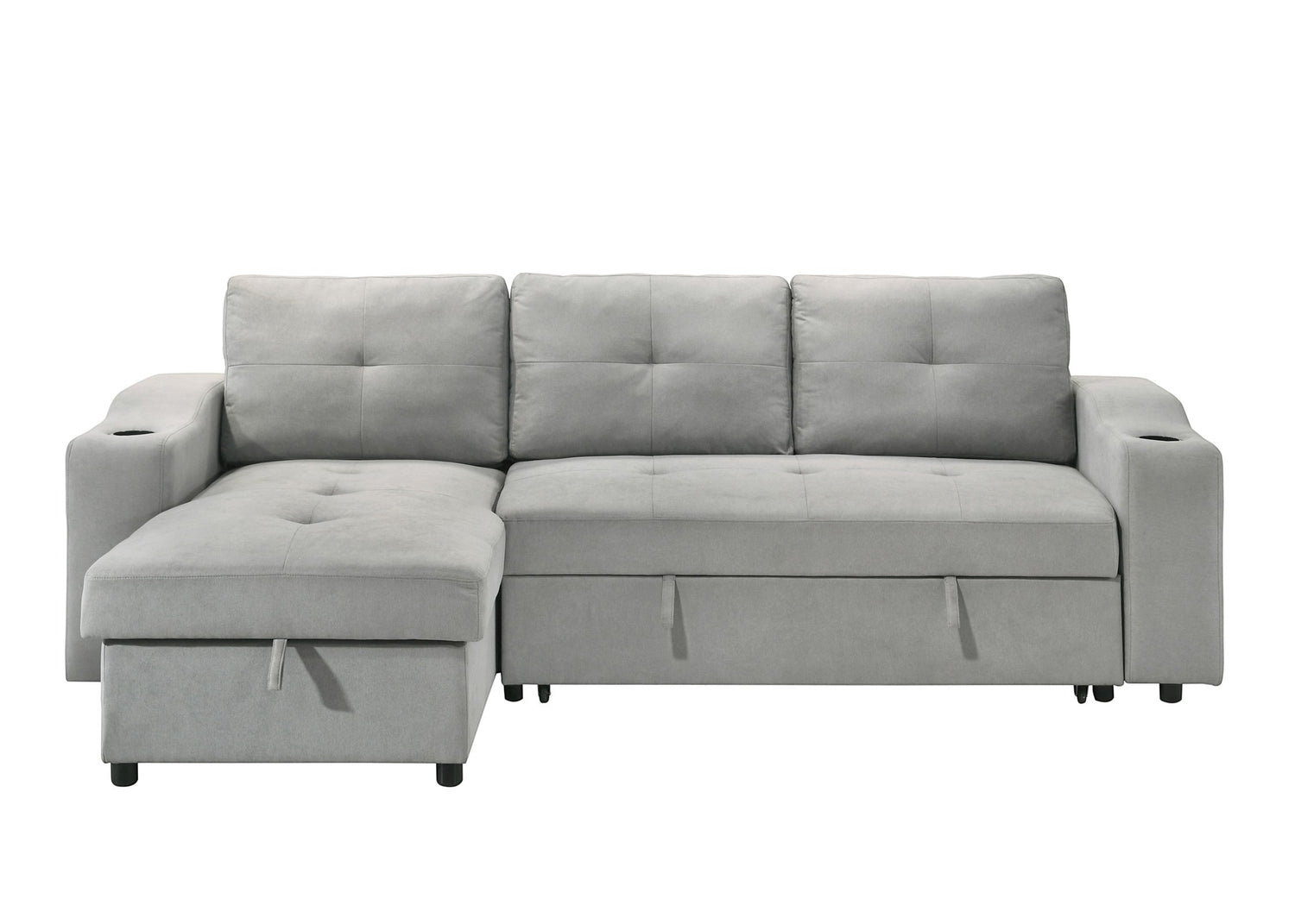 Canapé-lit Zena gris clair de TOCO Meubles avec méridienne, accoudoirs porte-gobelets et rangement intégré.