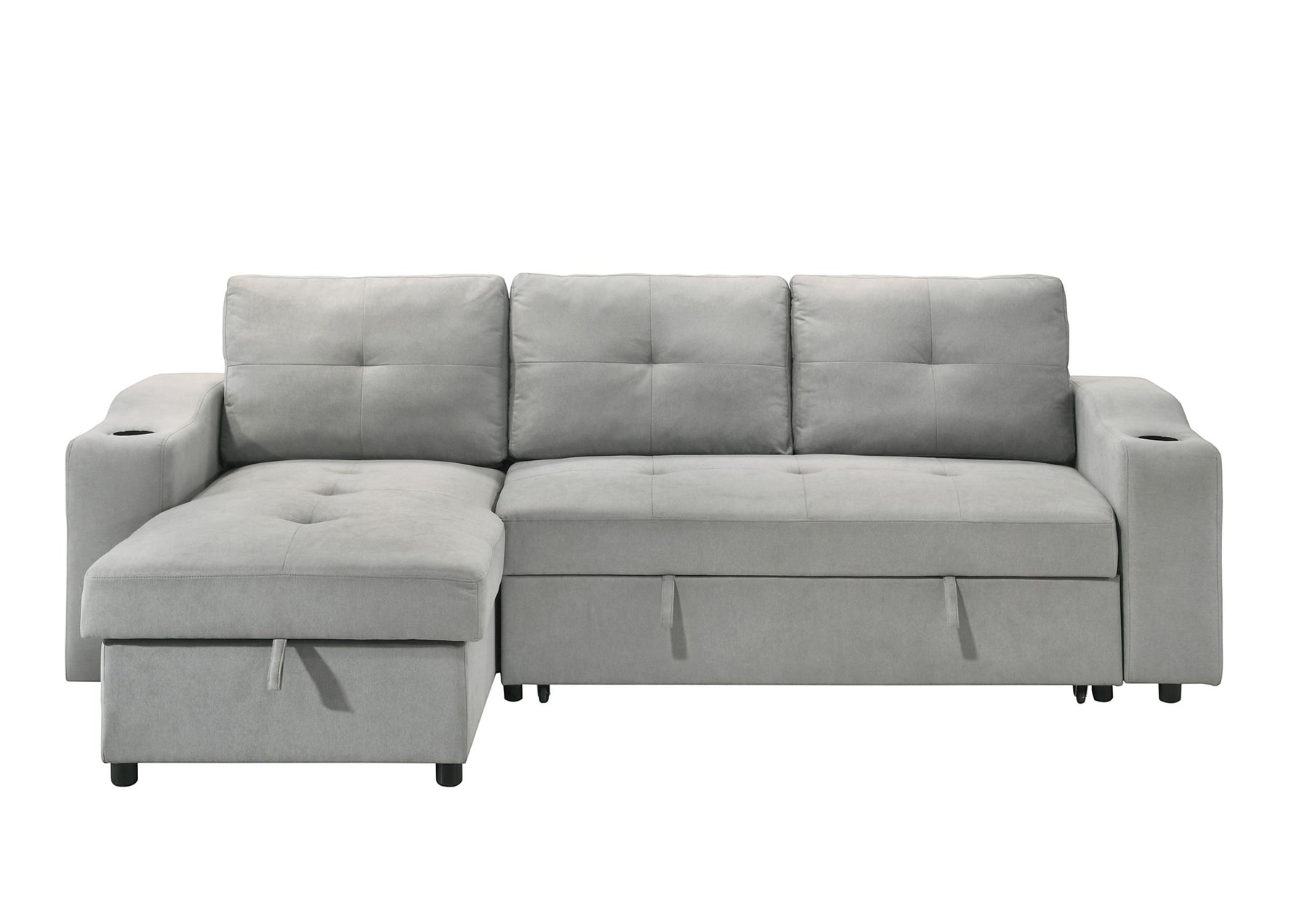 Canapé-lit Zena gris clair de TOCO Meubles avec méridienne, accoudoirs porte-gobelets et rangement intégré.