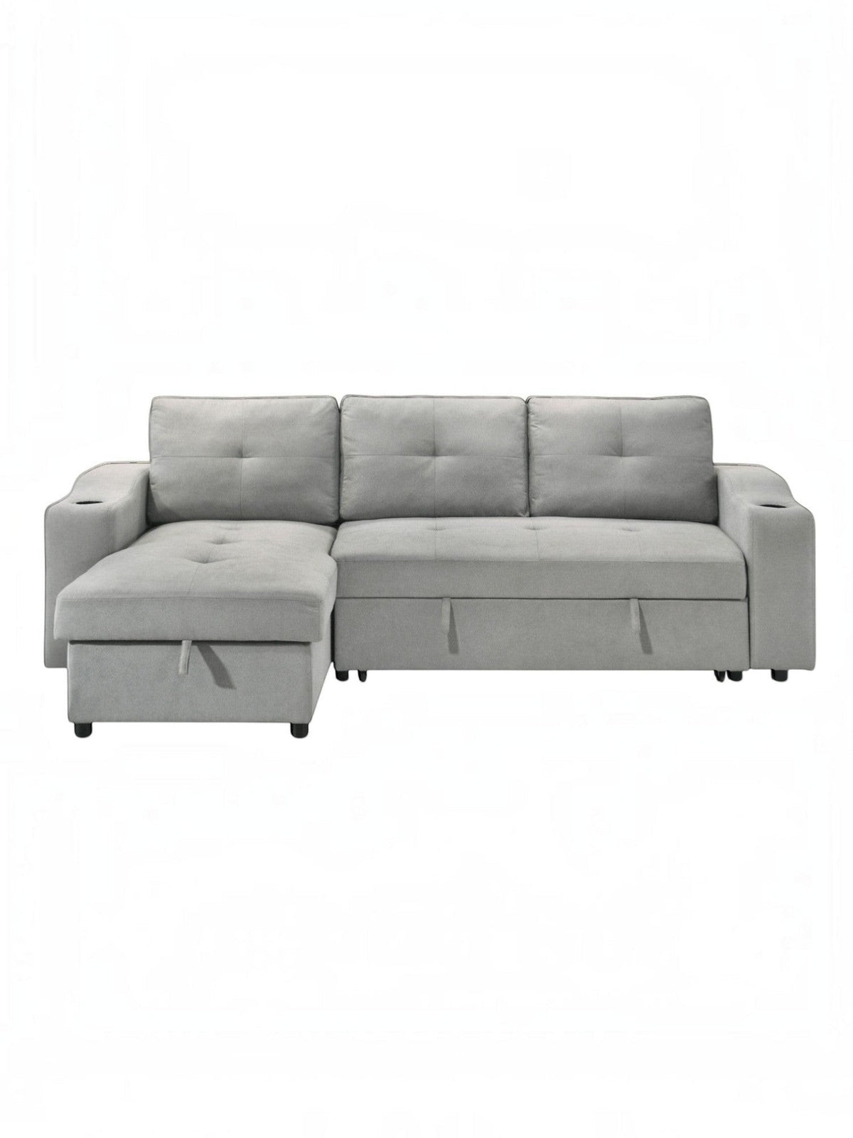 Canapé-lit Zena gris clair de TOCO Meubles avec méridienne, accoudoirs porte-gobelets et rangement intégré.