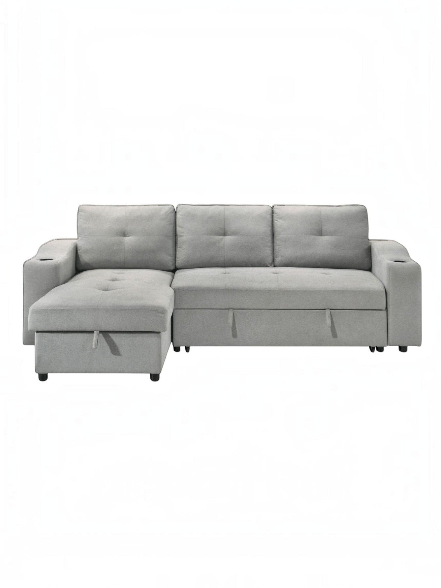 Canapé-lit Zena gris clair de TOCO Meubles avec méridienne, accoudoirs porte-gobelets et rangement intégré.