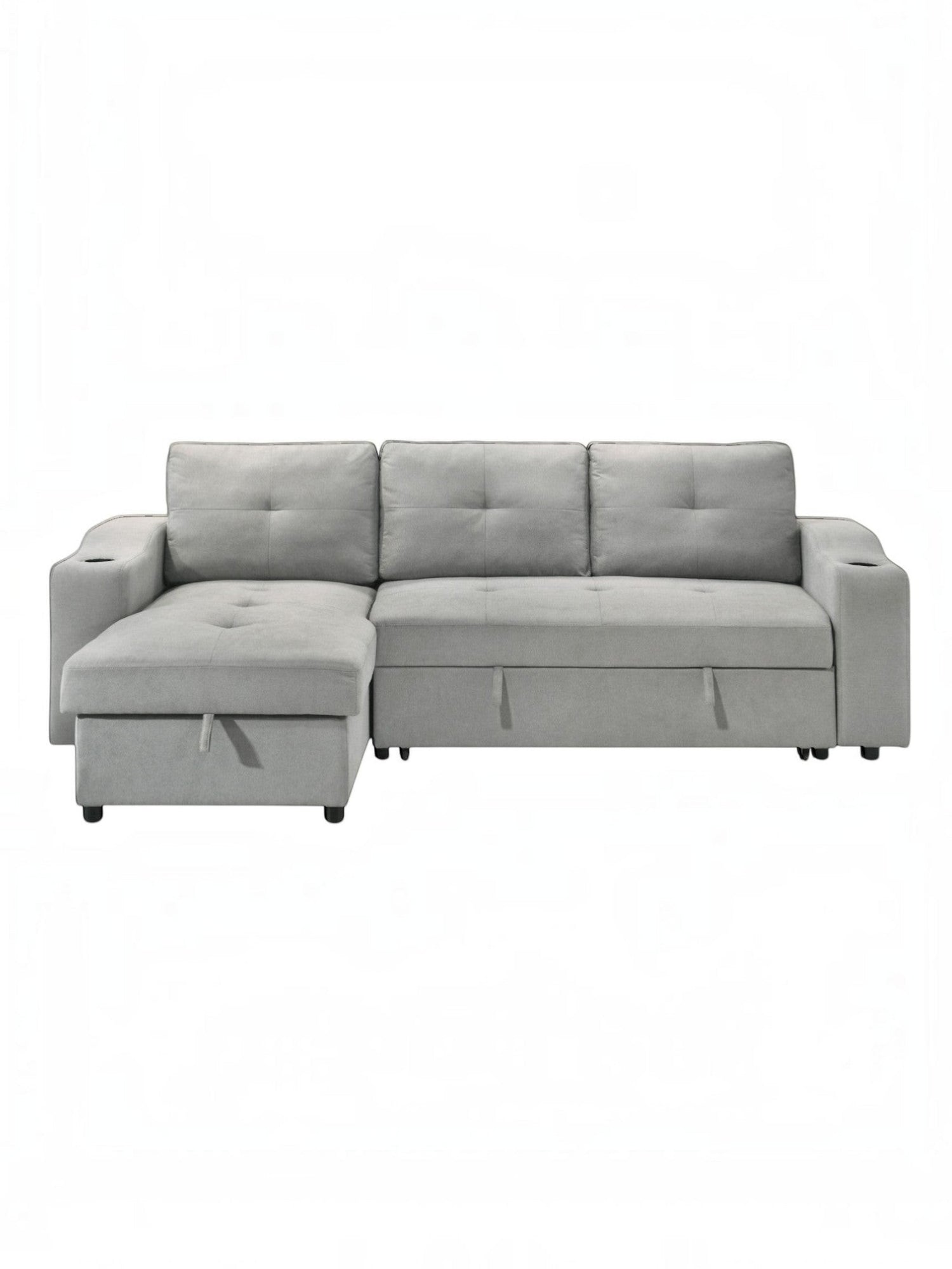 Canapé-lit Zena gris clair de TOCO Meubles avec méridienne, accoudoirs porte-gobelets et rangement intégré.