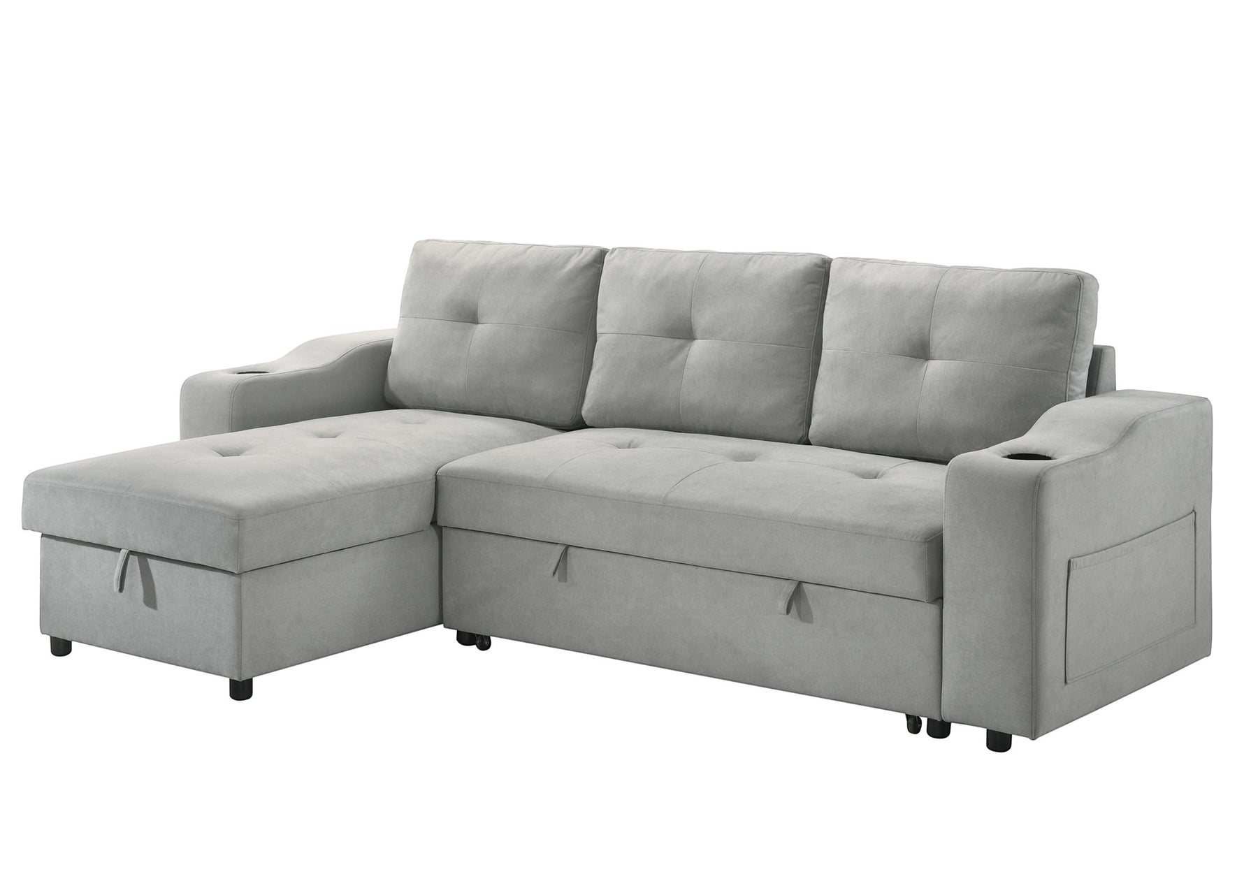 TOCO Meubles Canapé-lit Zena gris clair avec méridienne, accoudoirs porte-gobelet et rangement intégré.