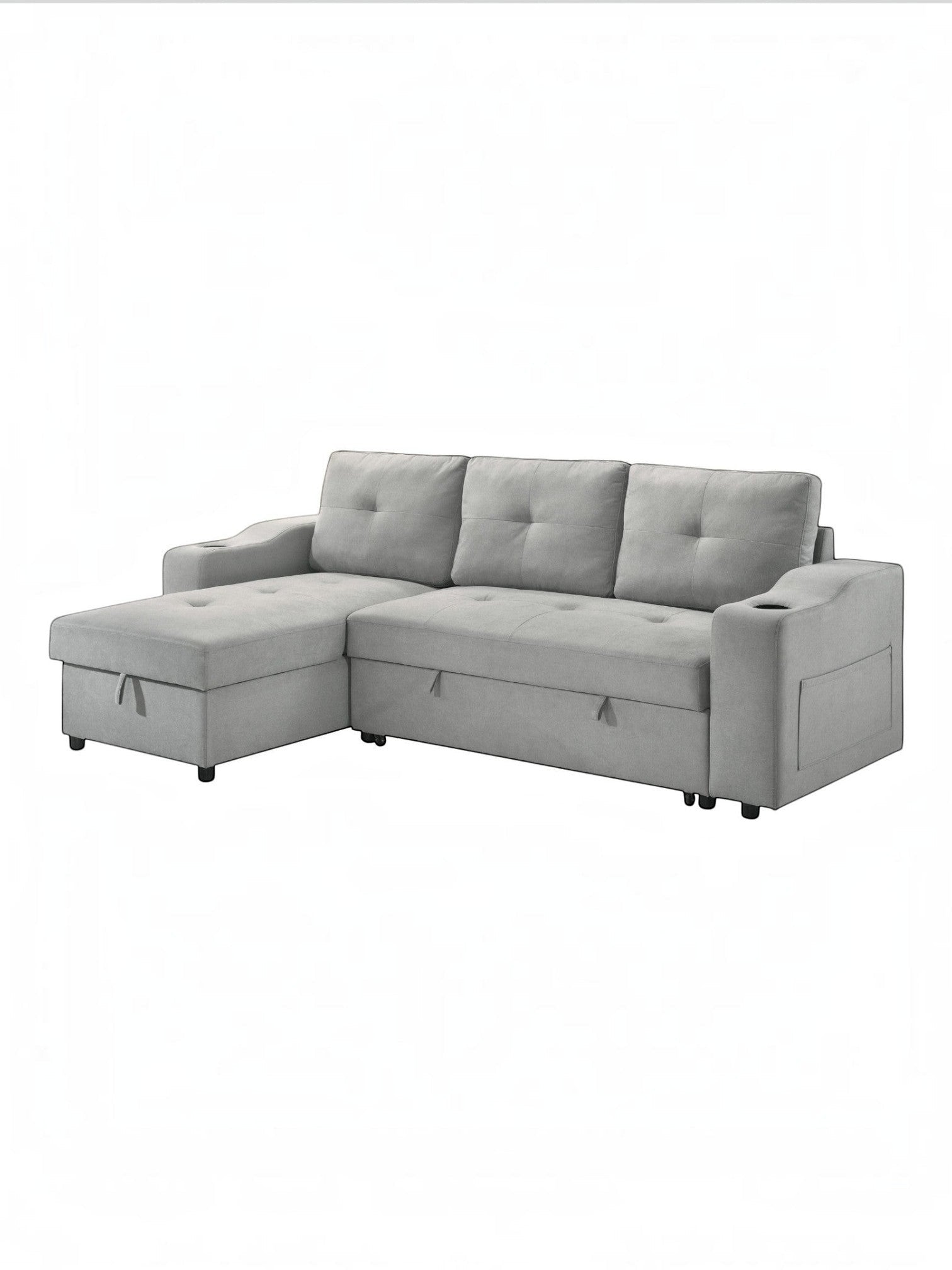 TOCO Meubles Canapé-lit Zena gris clair avec méridienne, accoudoirs porte-gobelet et rangement intégré.